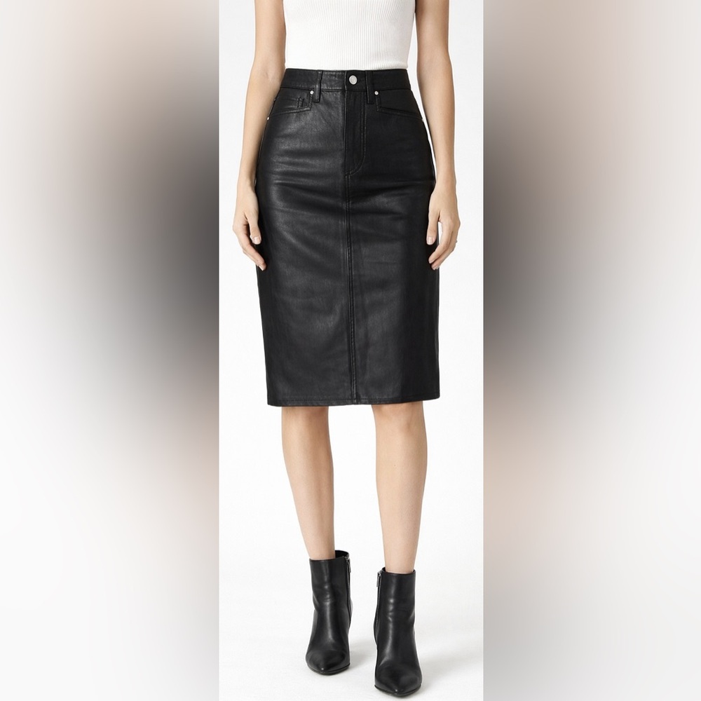 NWT PAIGE Black Leather Midi Pencil Skirt Size 25 High Waist Leather Skirt